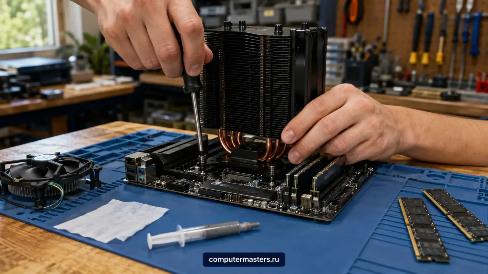Руки мастера прижимают башенный кулер с медными трубками к процессору и затягивают винты крепления, рядом снятый штатный радиатор, шприц термопасты и салфетка