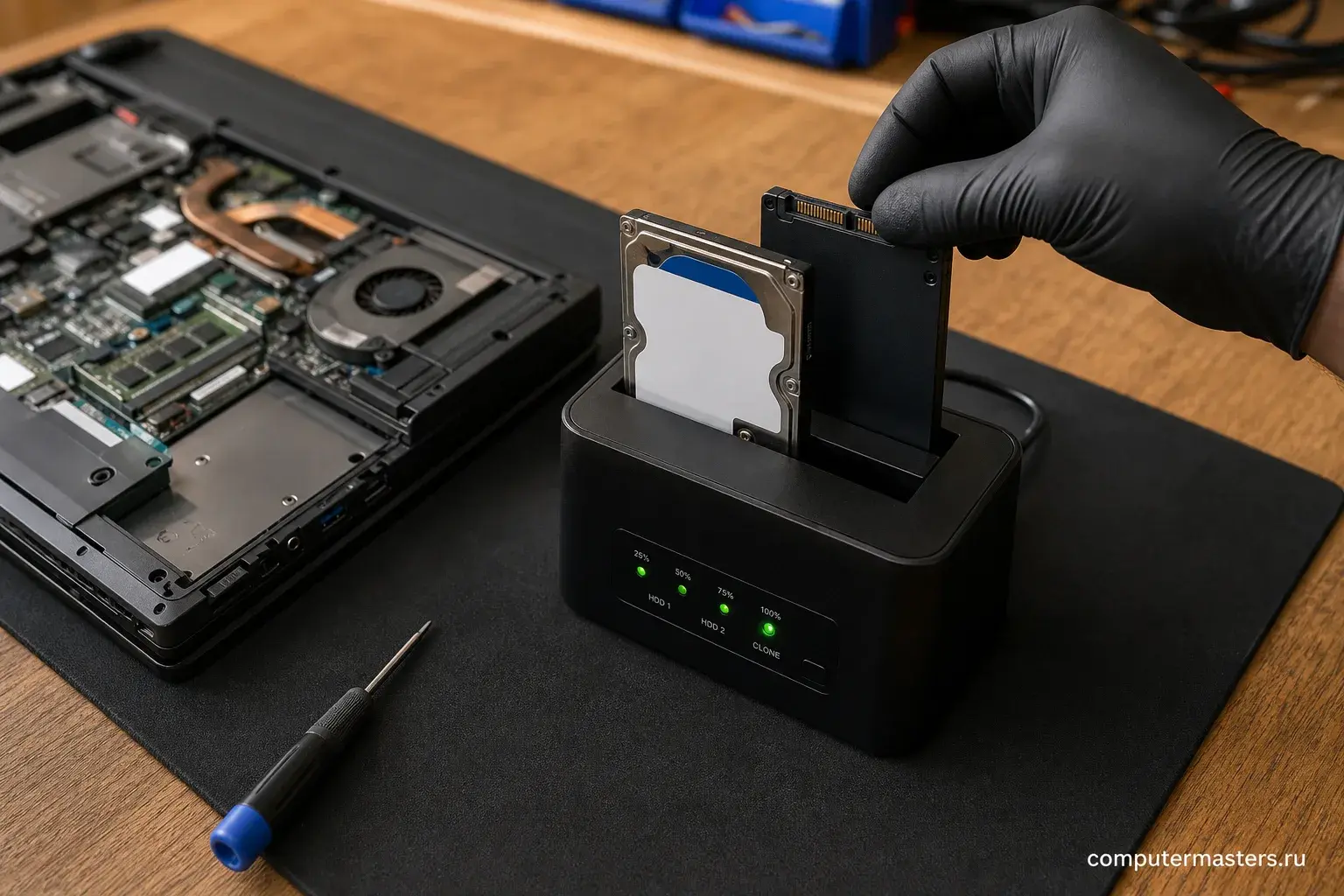 Док-станция для клонирования с жёстким диском и SSD в слотах, рядом ноутбук со снятой крышкой и открытым отсеком накопителя