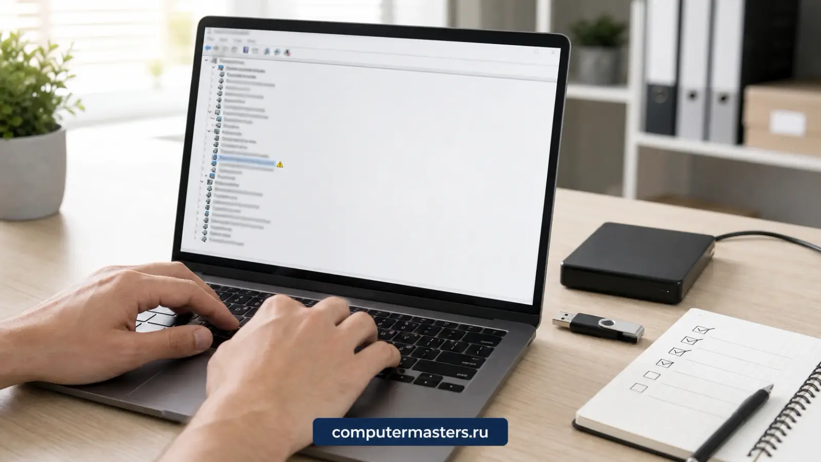 Ноутбук с открытым диспетчером устройств Windows: у одной из строк списка жёлтый значок с восклицательным знаком, рядом внешний диск, флешка и блокнот со списком