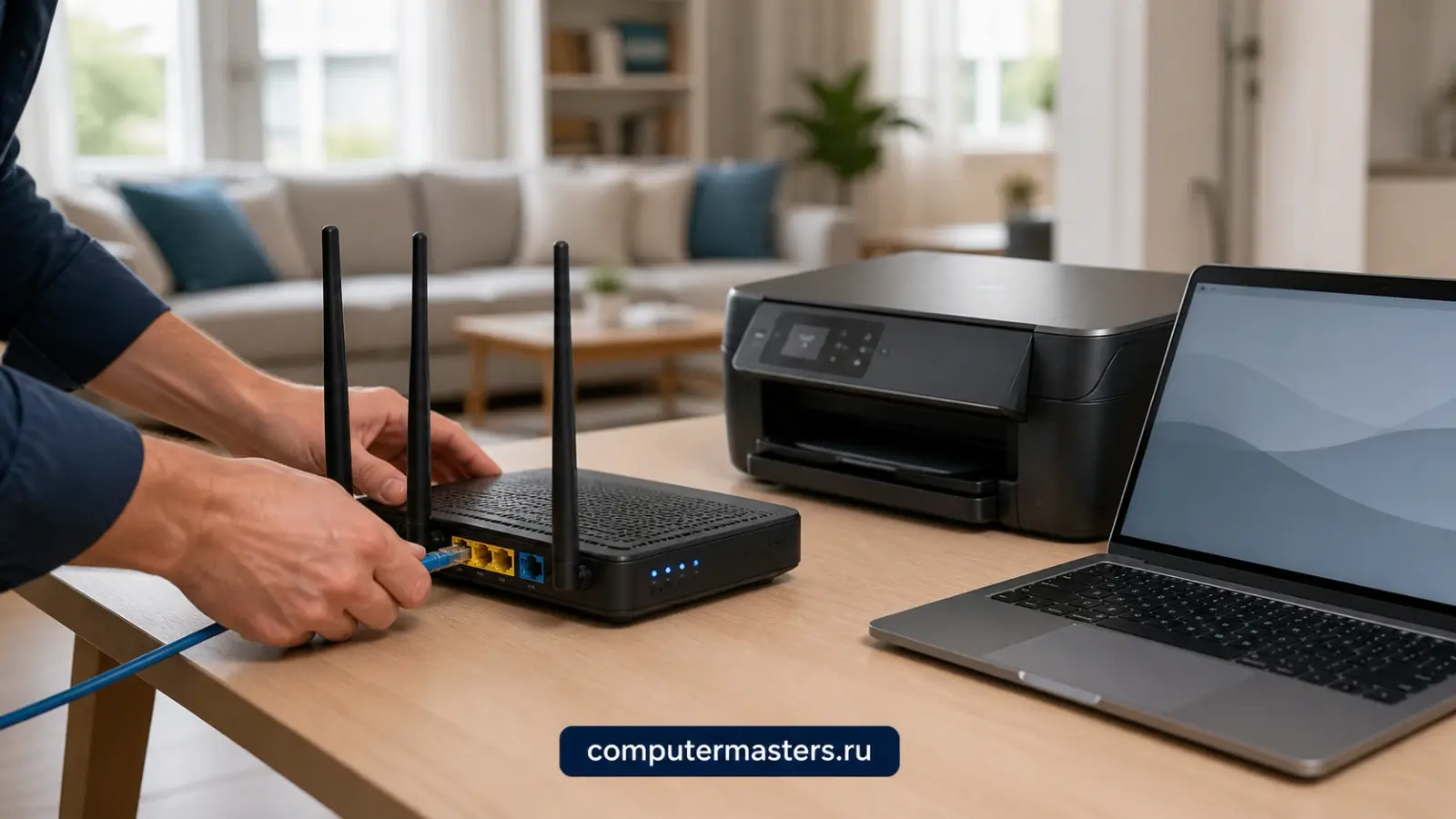 Руки мастера подключают кабель к Wi-Fi-роутеру на столе в квартире, рядом принтер и открытый ноутбук