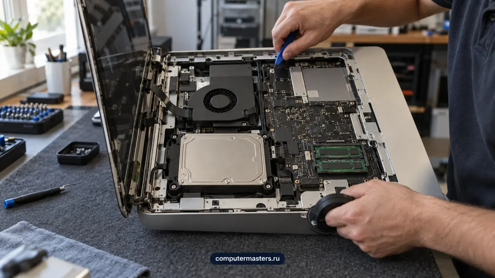 Разобранный iMac с отведённым дисплеем: видны жёсткий диск, вентилятор, память и плата