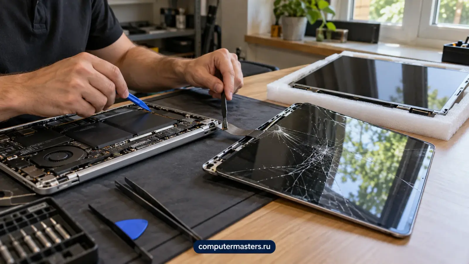 MacBook на ремонтном столе со снятым разбитым дисплеем и подготовленной панелью рядом