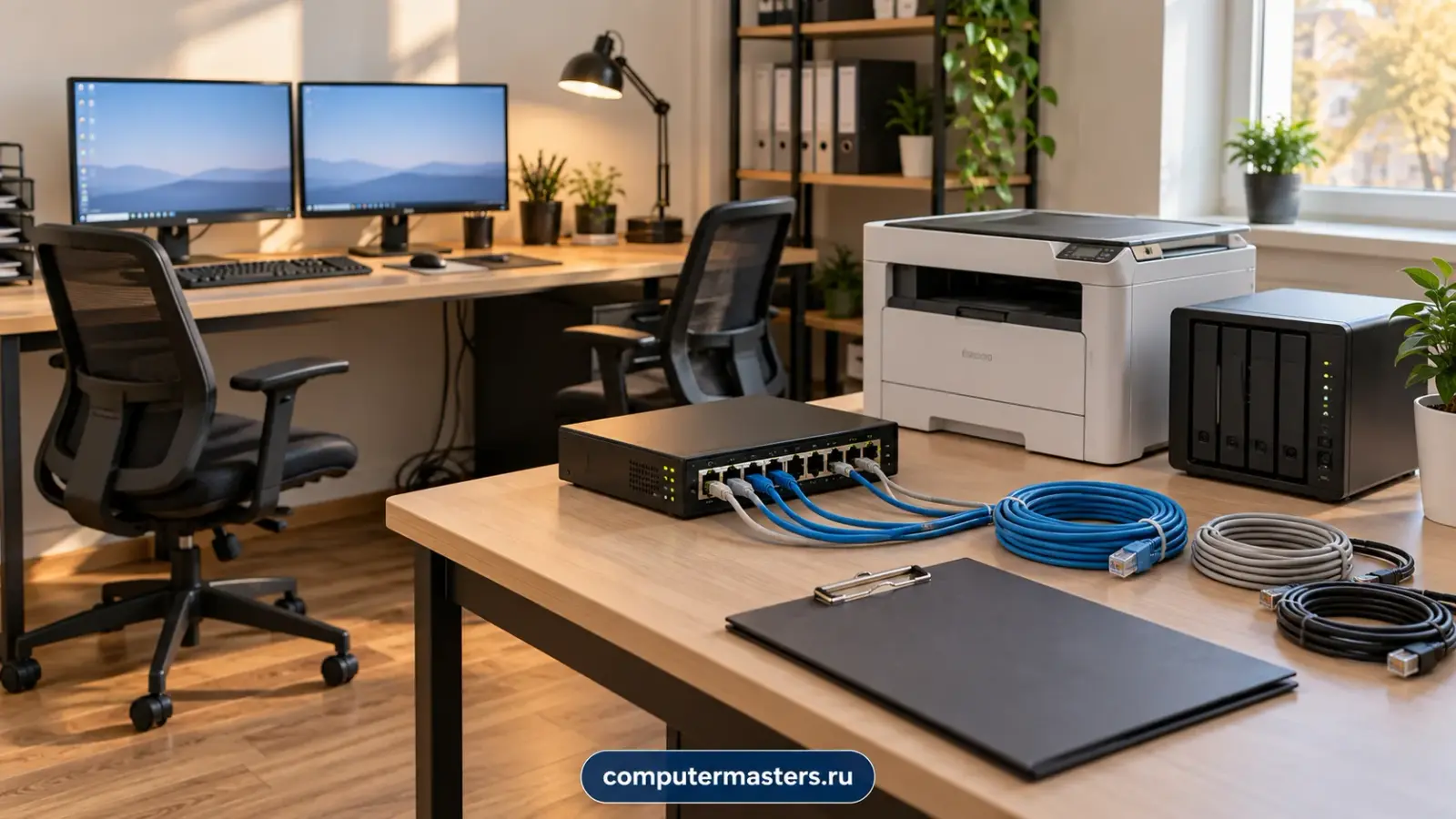 Офисная сеть с коммутатором, принтером и сетевым хранилищем