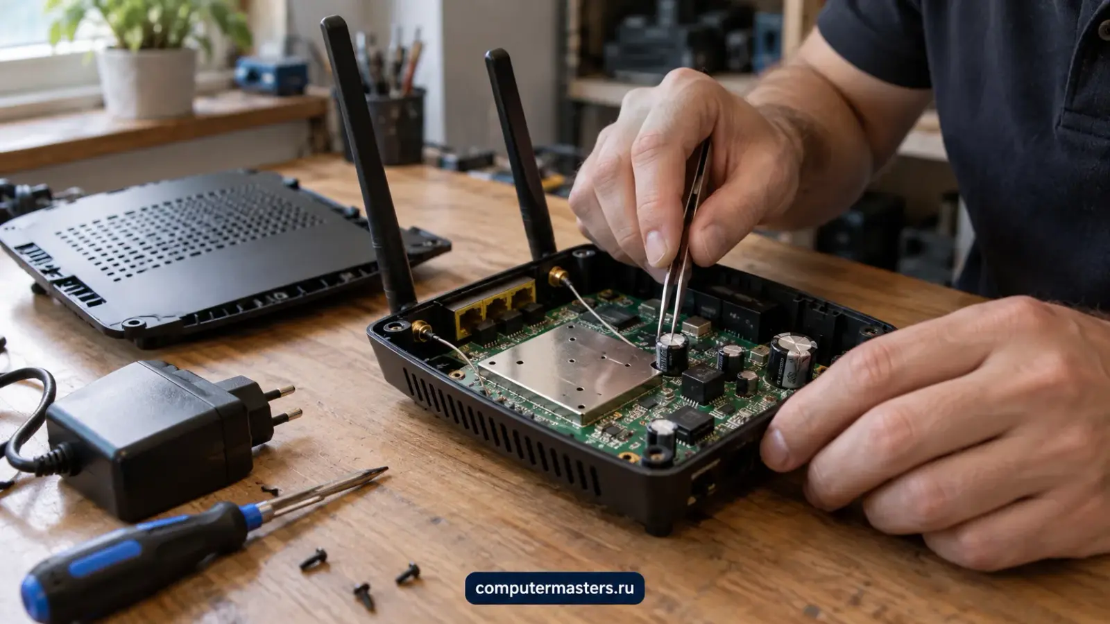 Роутер со снятой верхней крышкой на верстаке, видна плата с экраном над чипом, мастер пинцетом указывает на вздувшийся конденсатор возле разъёма питания