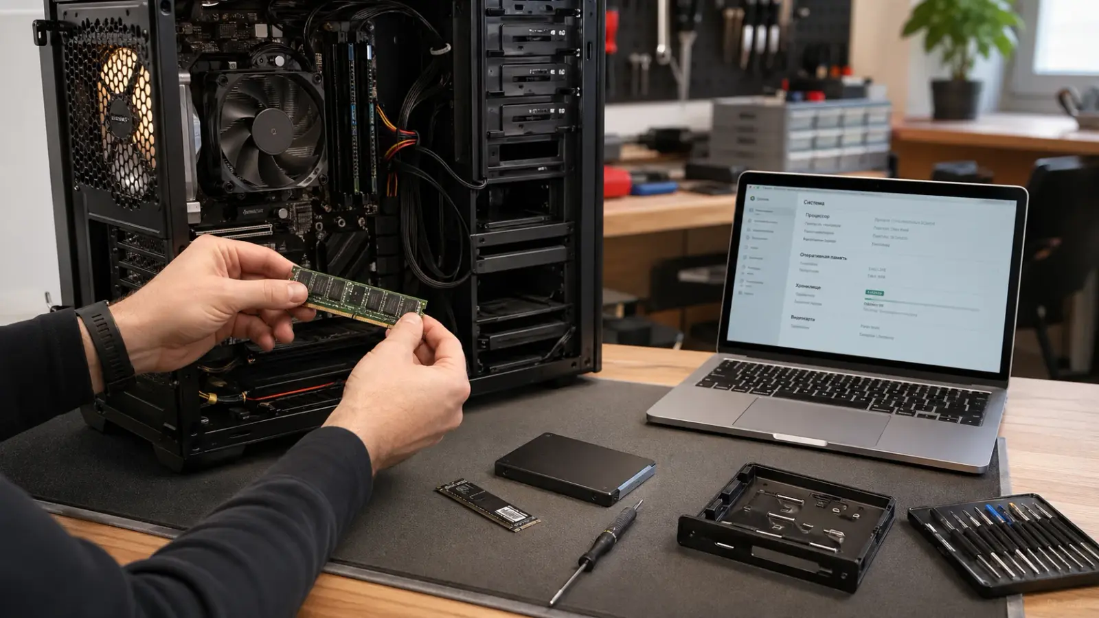 Руки мастера с планкой оперативной памяти у открытого системного блока, рядом SSD и ноутбук с характеристиками системы