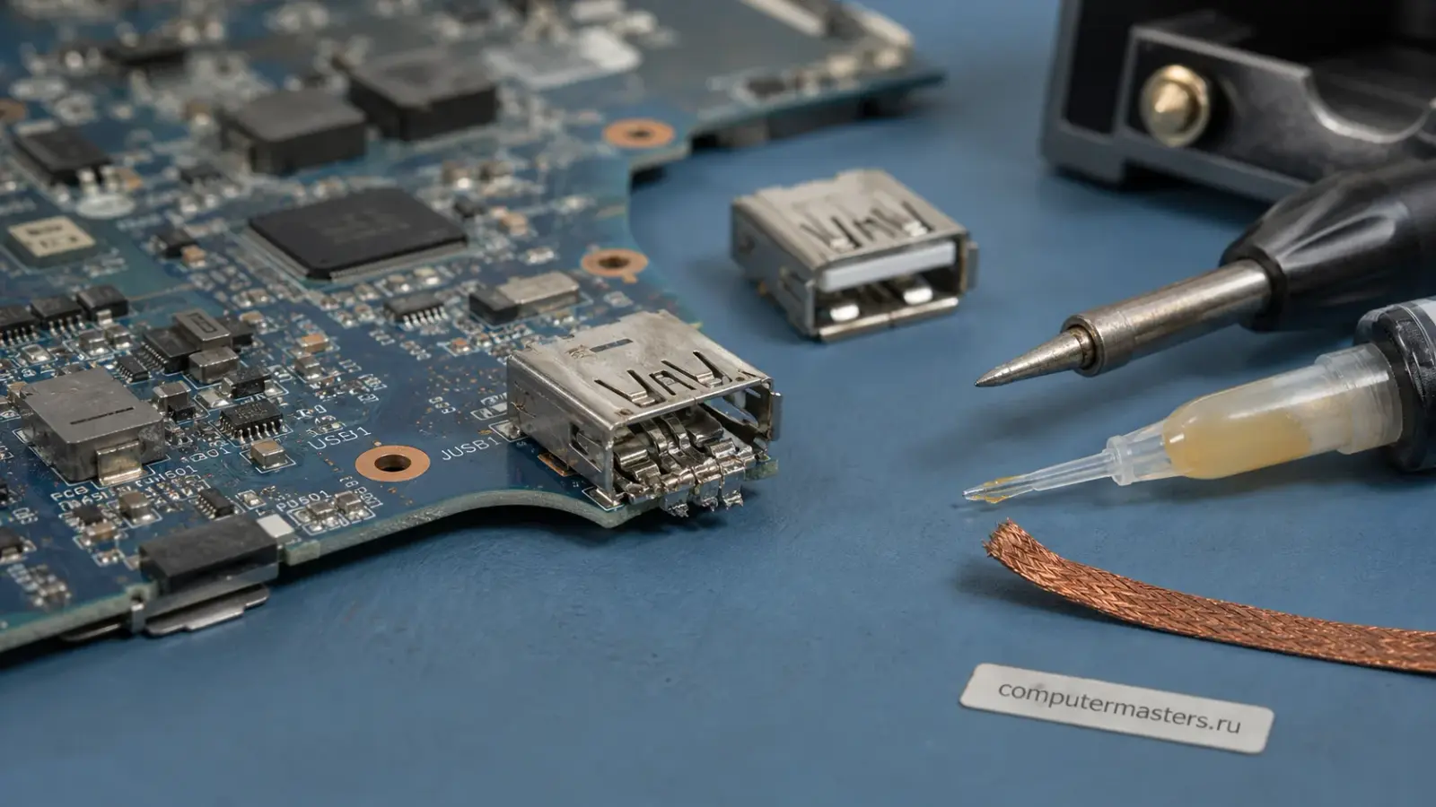Плата ноутбука с расшатанным USB-разъёмом крупным планом, рядом паяльная станция, флюс и новый разъём