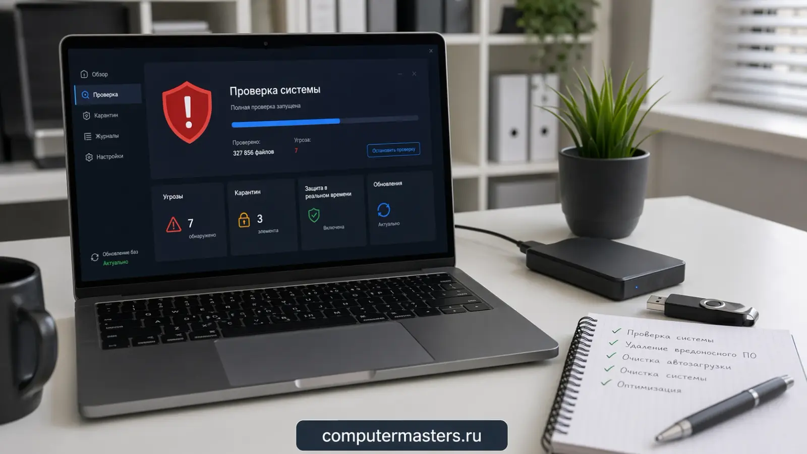 Ноутбук с экраном проверки системы на вирусы и майнеры