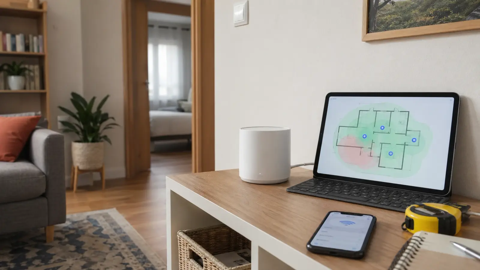 Mesh-роутер и планшет с картой покрытия Wi-Fi для квартиры