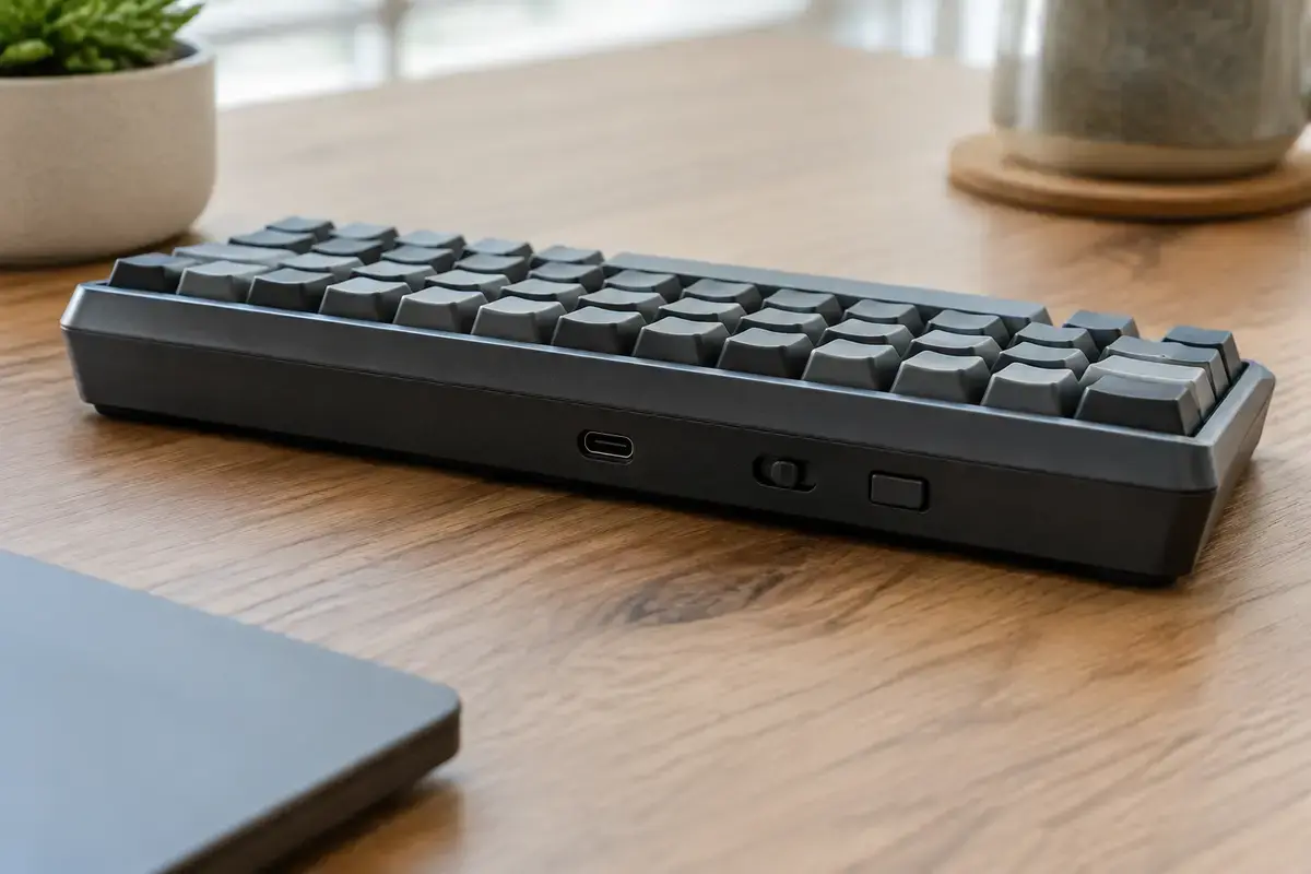 Компактная беспроводная клавиатура сзади: порт USB-C, маленький ползунковый переключатель и кнопка