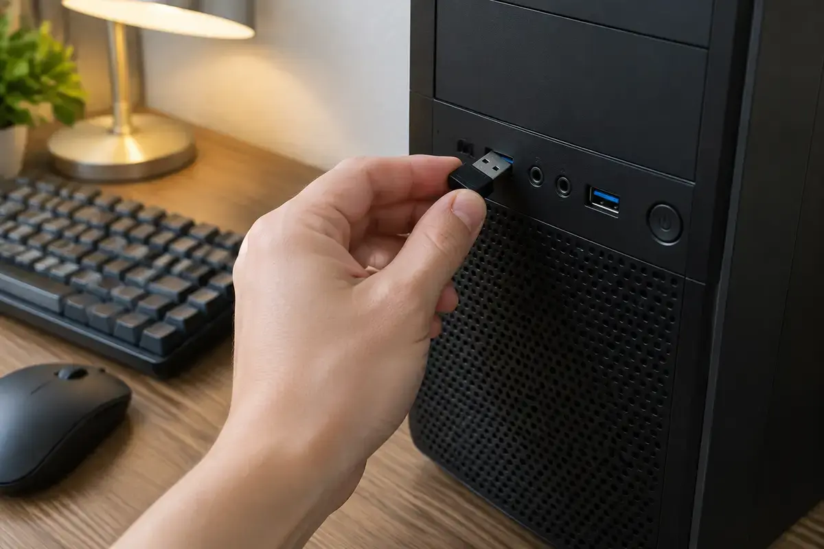 Рука вставляет маленький чёрный USB-приёмник в порт на передней панели компьютера, рядом лежит мышь