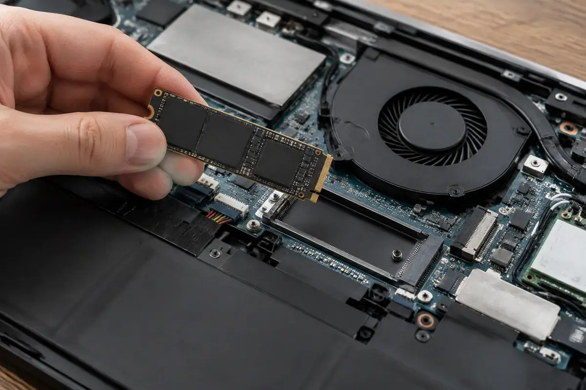 Рука держит модуль NVMe SSD над открытым отсеком ноутбука со снятой нижней крышкой, рядом кулер