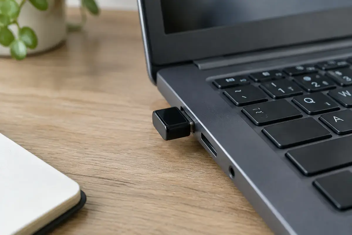 Маленький чёрный USB Wi-Fi адаптер вставлен в боковой порт тёмно-серого ноутбука на деревянном столе