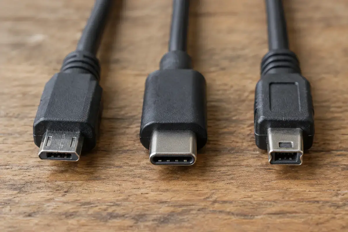 Три чёрных кабеля с разными штекерами micro-USB, USB-C и mini-USB лежат в ряд на деревянной поверхности