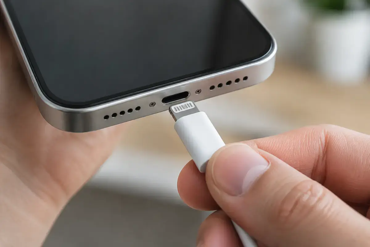 Рука отсоединяет белый кабель от нижнего торца смартфона, рядом видны динамик и разъём