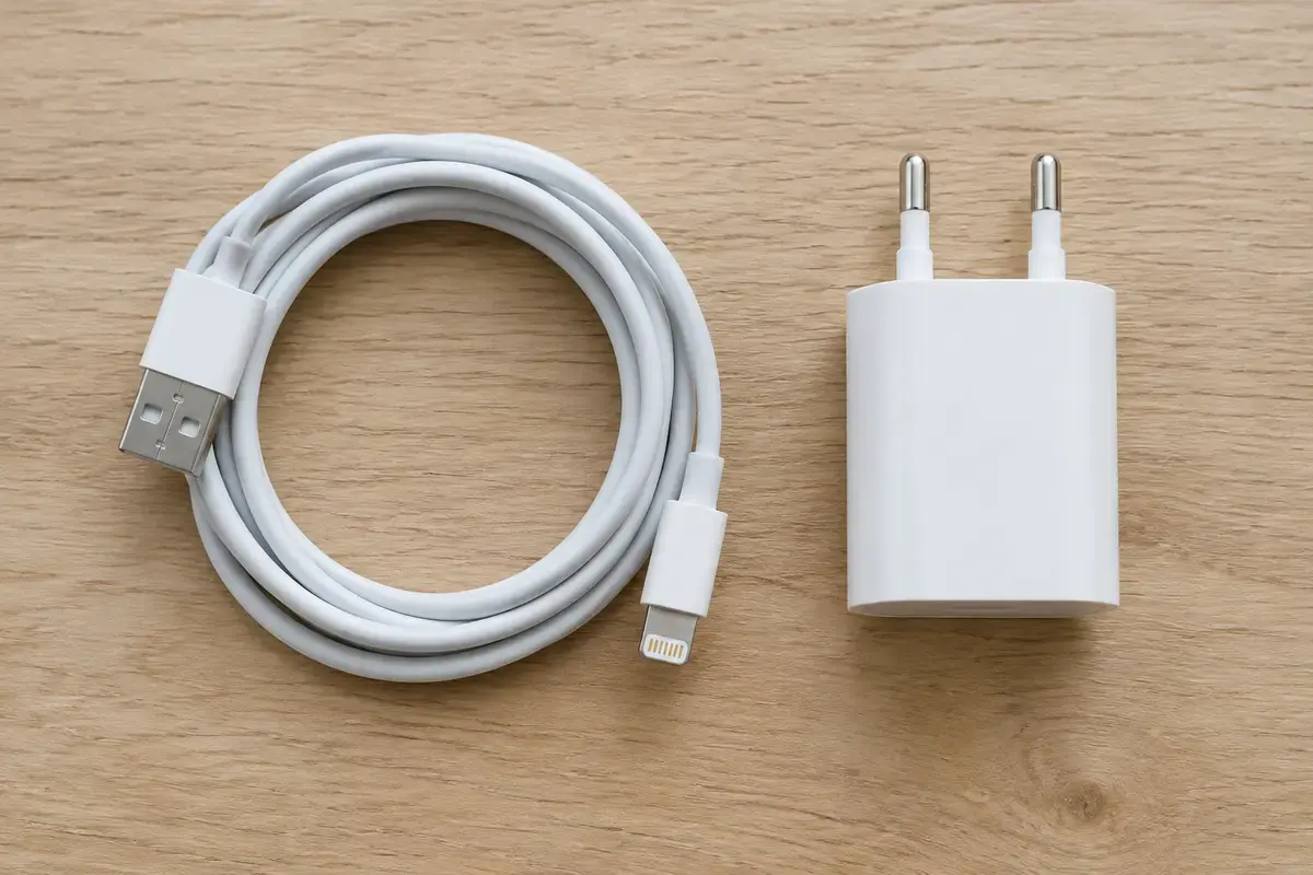 Белый кабель с разъёмом Lightning свёрнут рядом с белым сетевым адаптером с двумя круглыми штырями на деревянном столе
