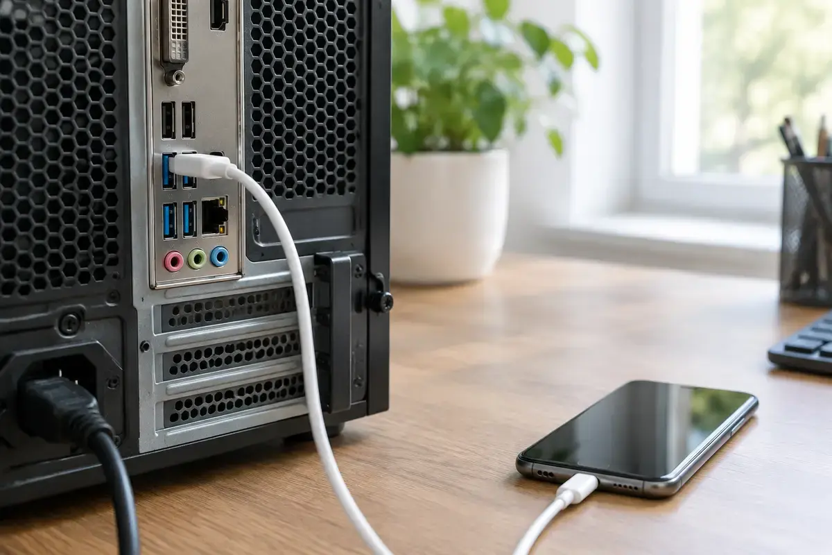 Задняя панель системного блока с несколькими USB-портами, в один вставлен белый кабель, смартфон лежит на столе