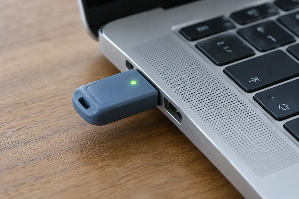 Крупный план USB-токена серо-синего цвета с зелёным индикатором, вставленного в боковой порт серебристого ноутбука