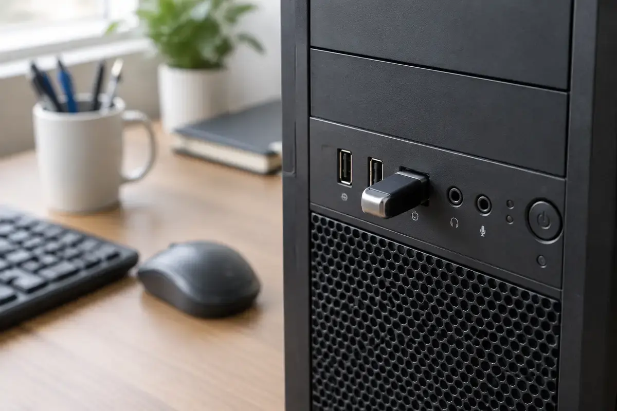 Передняя панель системного блока с USB-портами, в один из них вставлен небольшой чёрный токен, рядом кружка с ручками