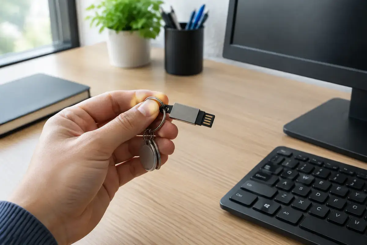 Рука держит небольшой USB-токен на брелоке над рабочим столом с клавиатурой и монитором