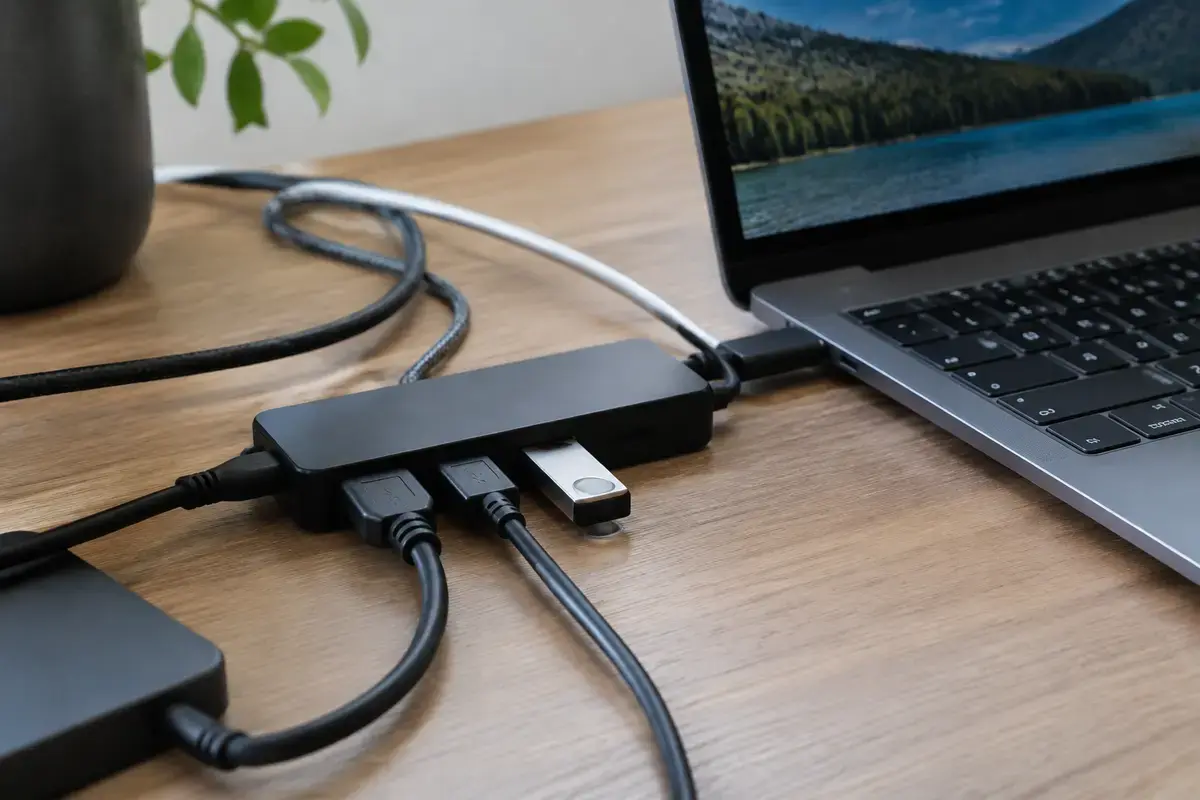 Чёрный USB-хаб с несколькими кабелями рядом с ноутбуком, в хаб вставлена серебристая флешка