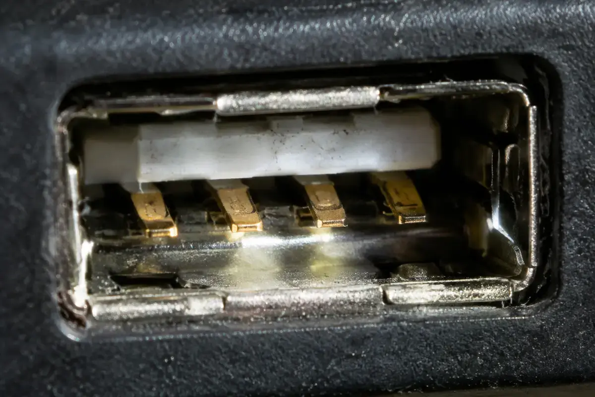 Макроснимок USB-порта типа A с позолоченными контактами, над ним пробивается тонкий луч фонарика
