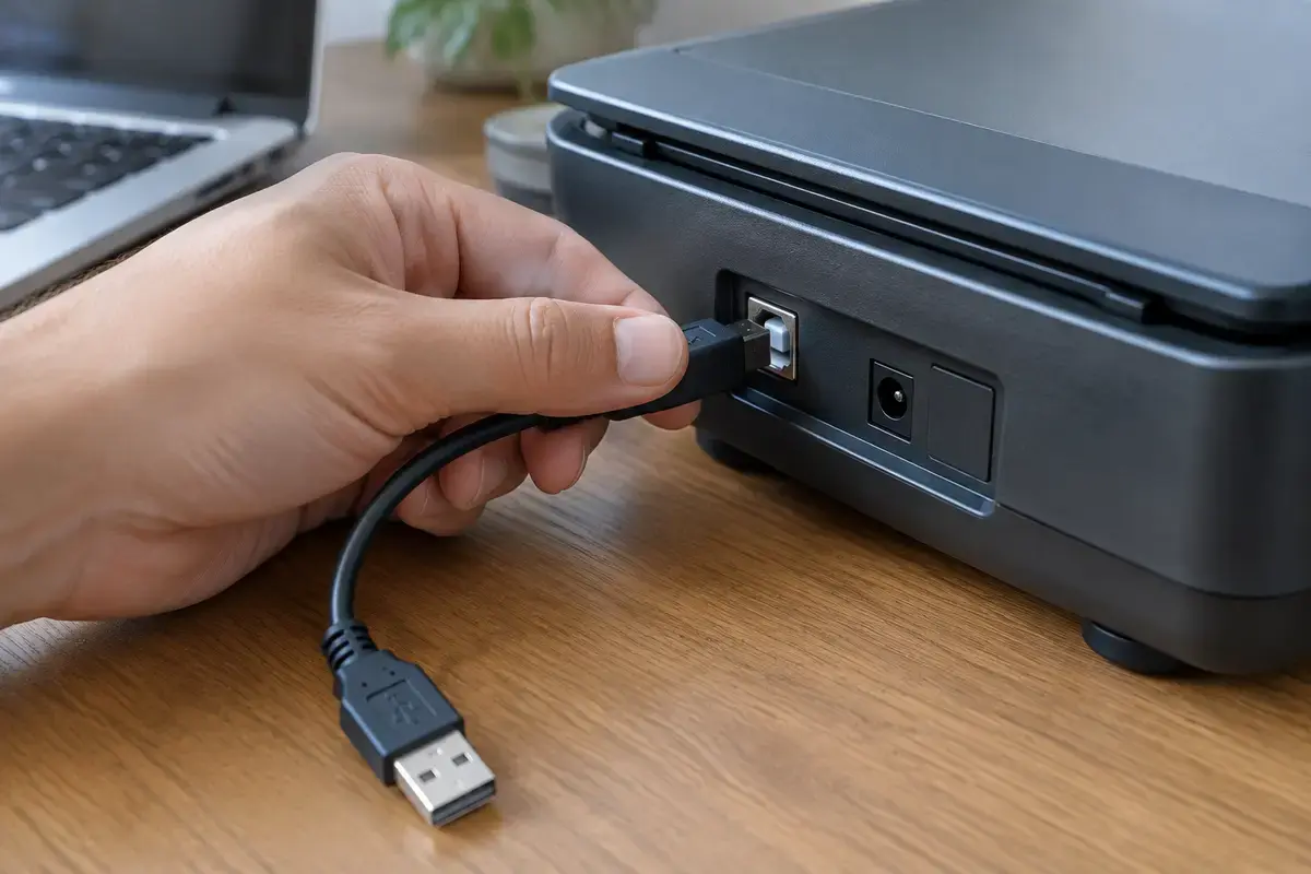Рука вставляет квадратный USB-разъём чёрного кабеля в гнездо на задней стенке сканера, второй конец кабеля свободно свисает