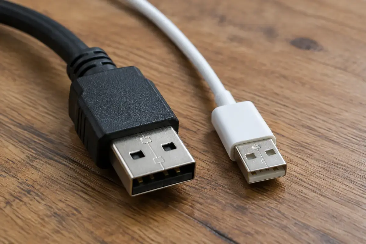 Два USB-кабеля на деревянном столе: толстый чёрный и тонкий белый, видны штекеры типа A