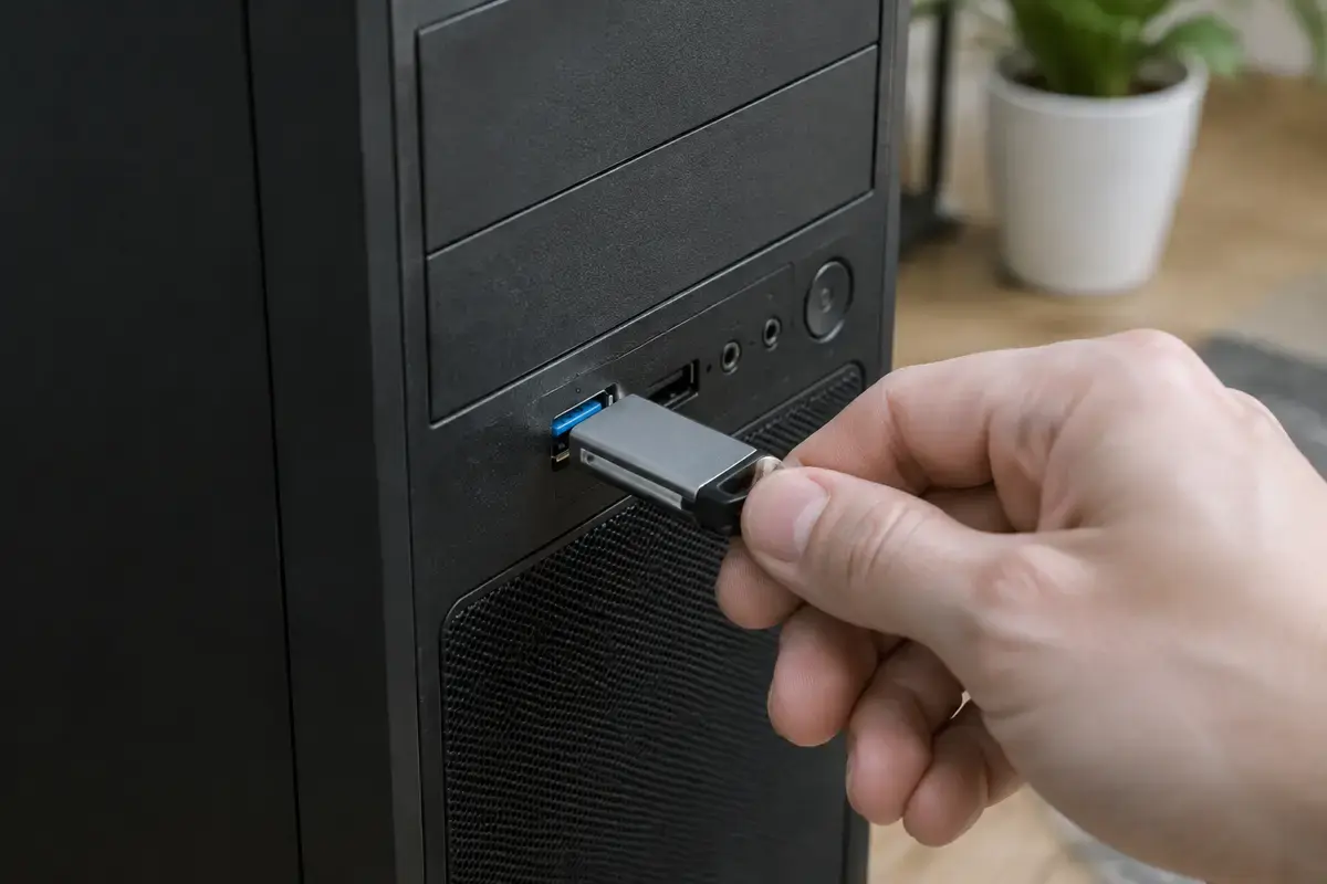 Рука вынимает флешку из USB-порта на передней панели системного блока рядом с кнопкой питания и аудиоразъёмами