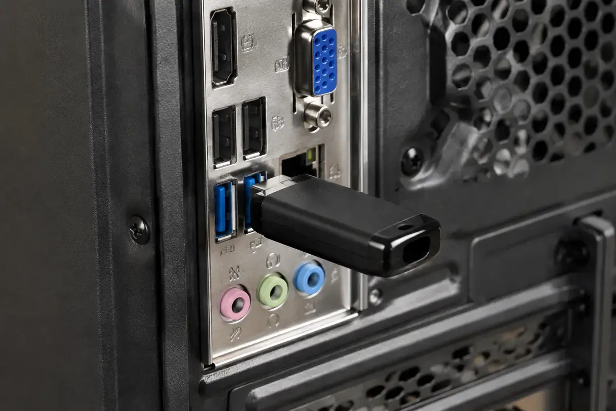 Чёрная флешка вставлена в синий порт USB на задней панели системного блока, рядом гнёзда видео, сети и аудио