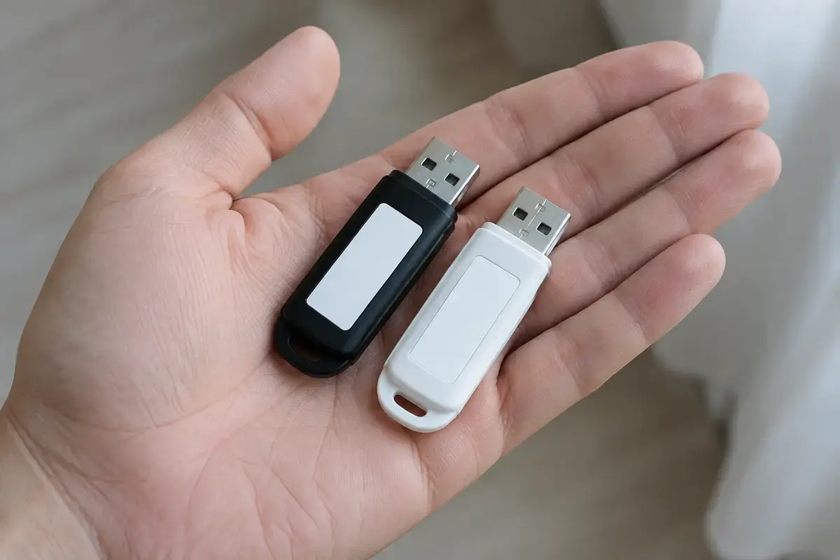 В раскрытой ладони две USB-флешки, чёрная и белая, с чистыми белыми наклейками без надписей