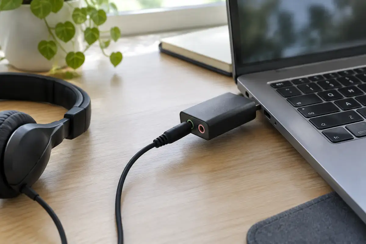 Чёрный USB-адаптер звука воткнут в порт серого ноутбука, в его гнездо вставлен штекер проводных накладных наушников
