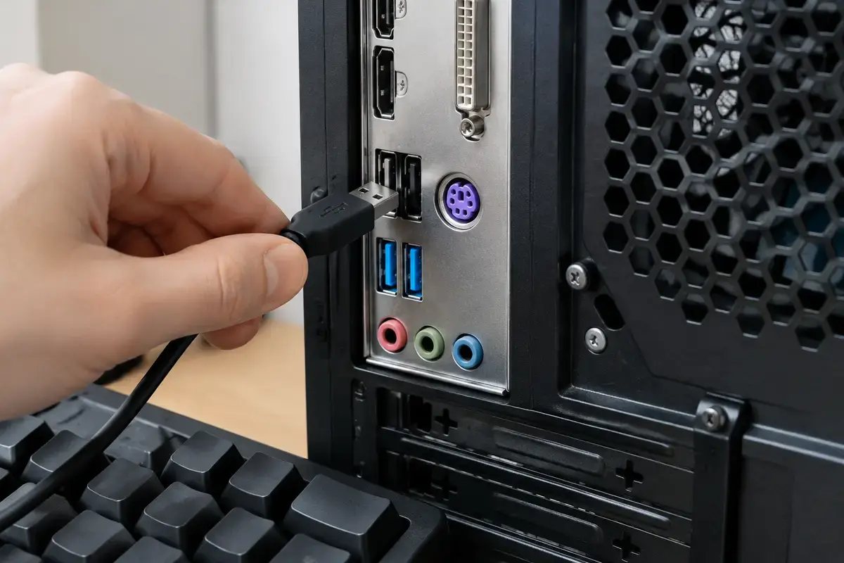 Рука вставляет штекер клавиатуры в USB-порт на задней панели системного блока рядом с фиолетовым круглым разъёмом PS/2