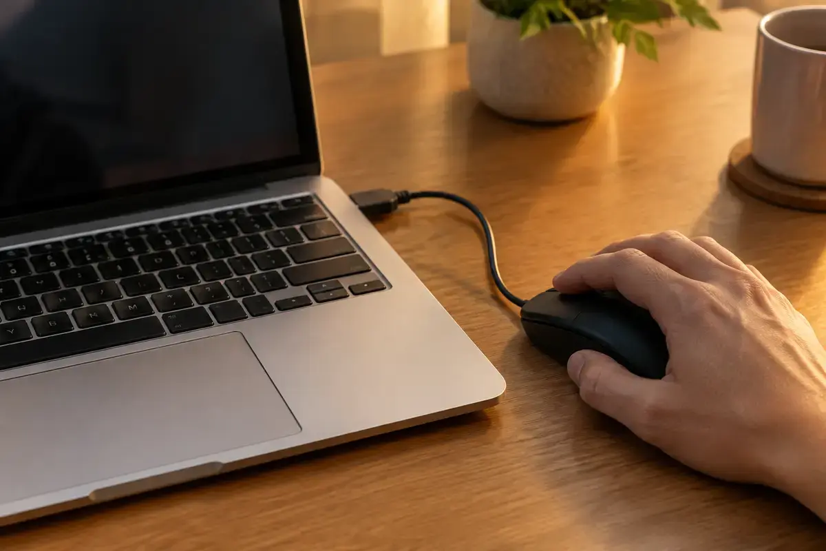 Ноутбук на столе с подключённой проводной USB-мышью, рядом неподвижный тачпад