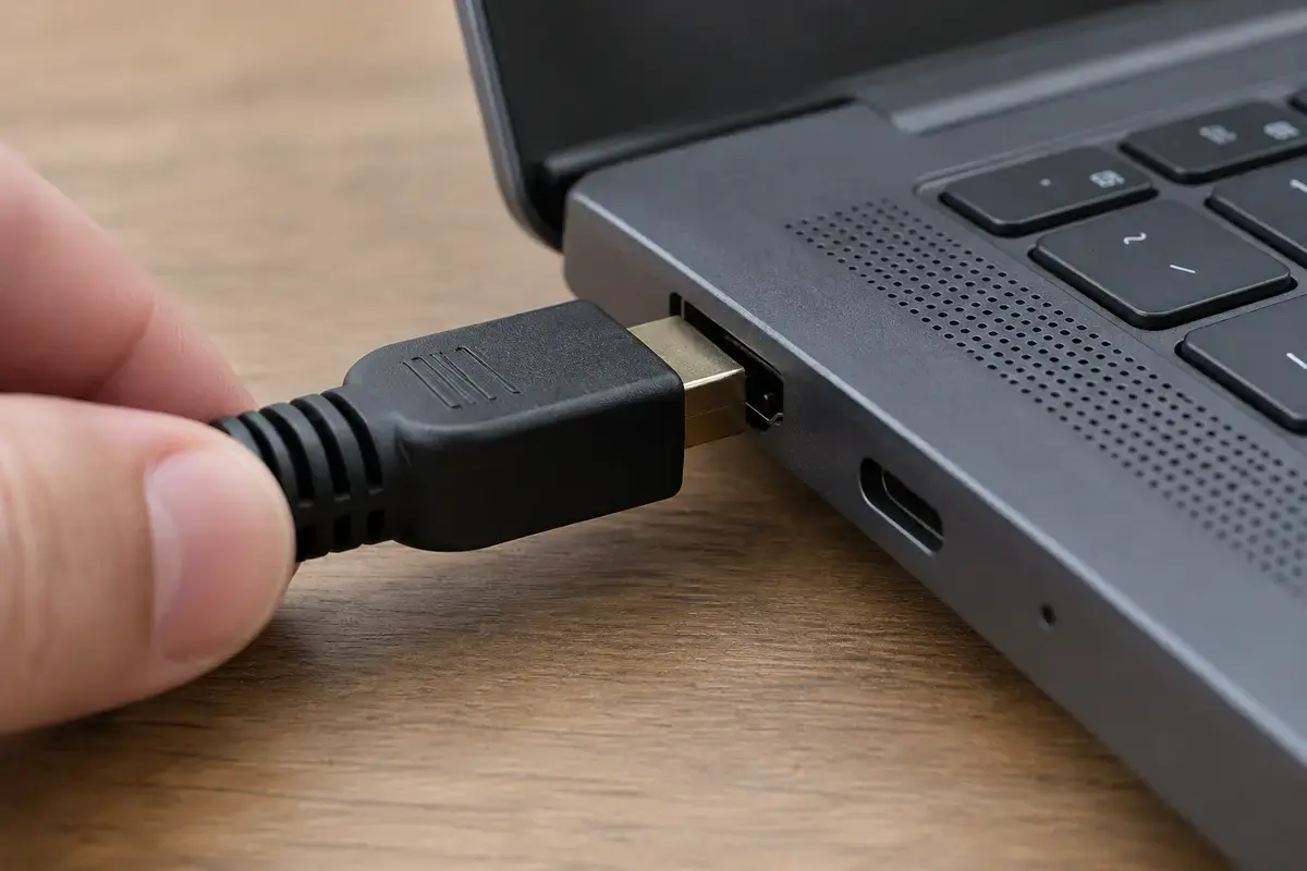 Рука вставляет чёрный штекер HDMI в разъём на боковой стороне тёмно-серого ноутбука рядом с портом Type-C