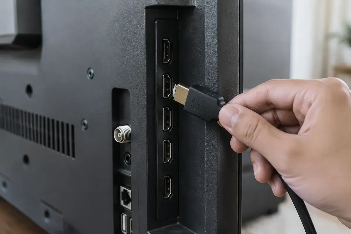 Рука подносит штекер HDMI к одному из пяти входов на задней стороне телевизора, рядом антенный и сетевой разъёмы