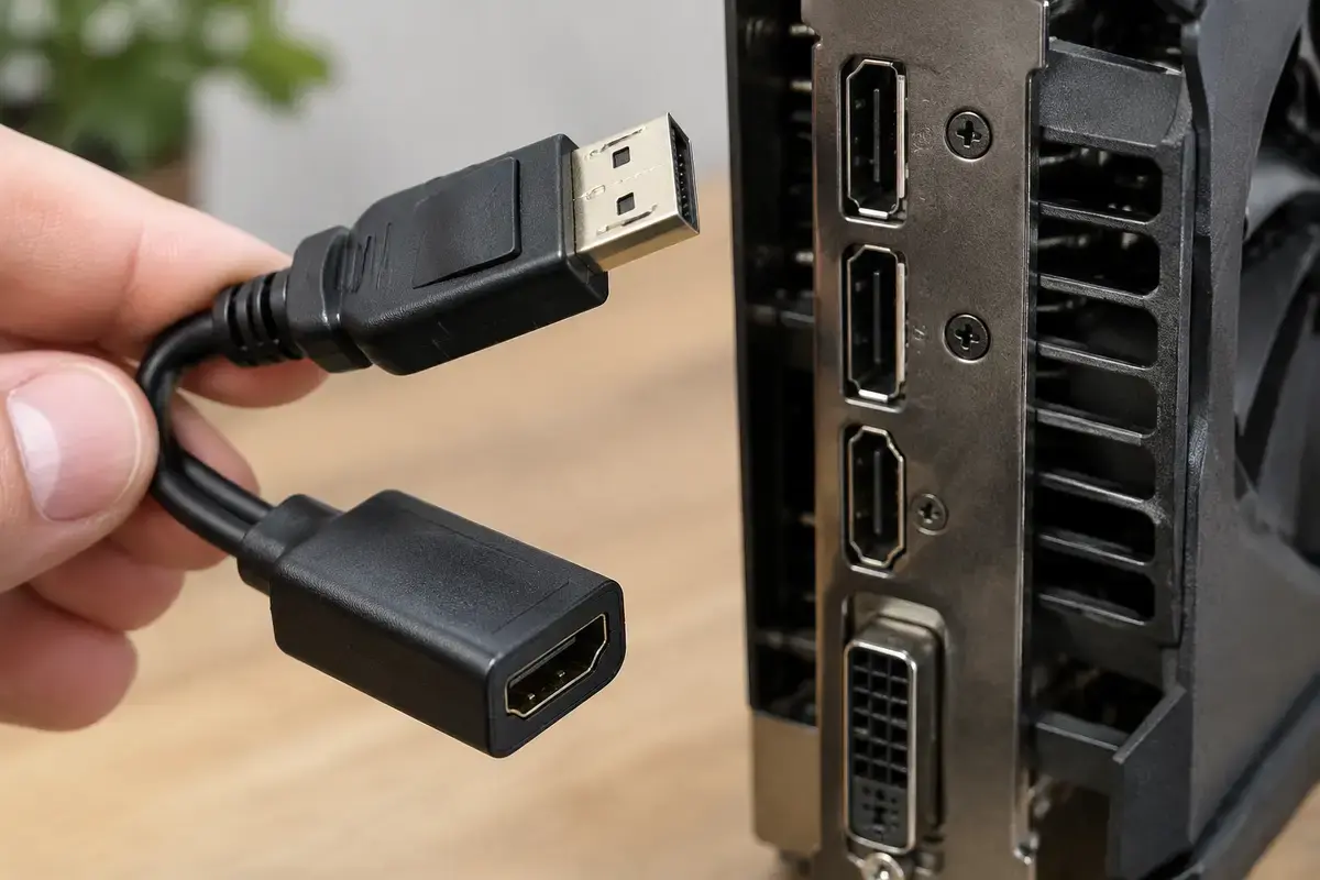 Рука держит чёрный кабель-переходник с вилкой DisplayPort и гнездом HDMI рядом с видеокартой, на панели которой несколько выходов