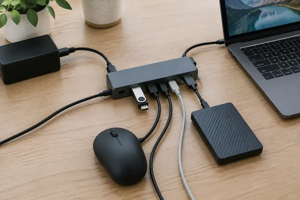 USB-хаб на столе с флешкой, мышью и внешним диском, к хабу подключён отдельный чёрный блок питания, провод хаба идёт к ноутбуку