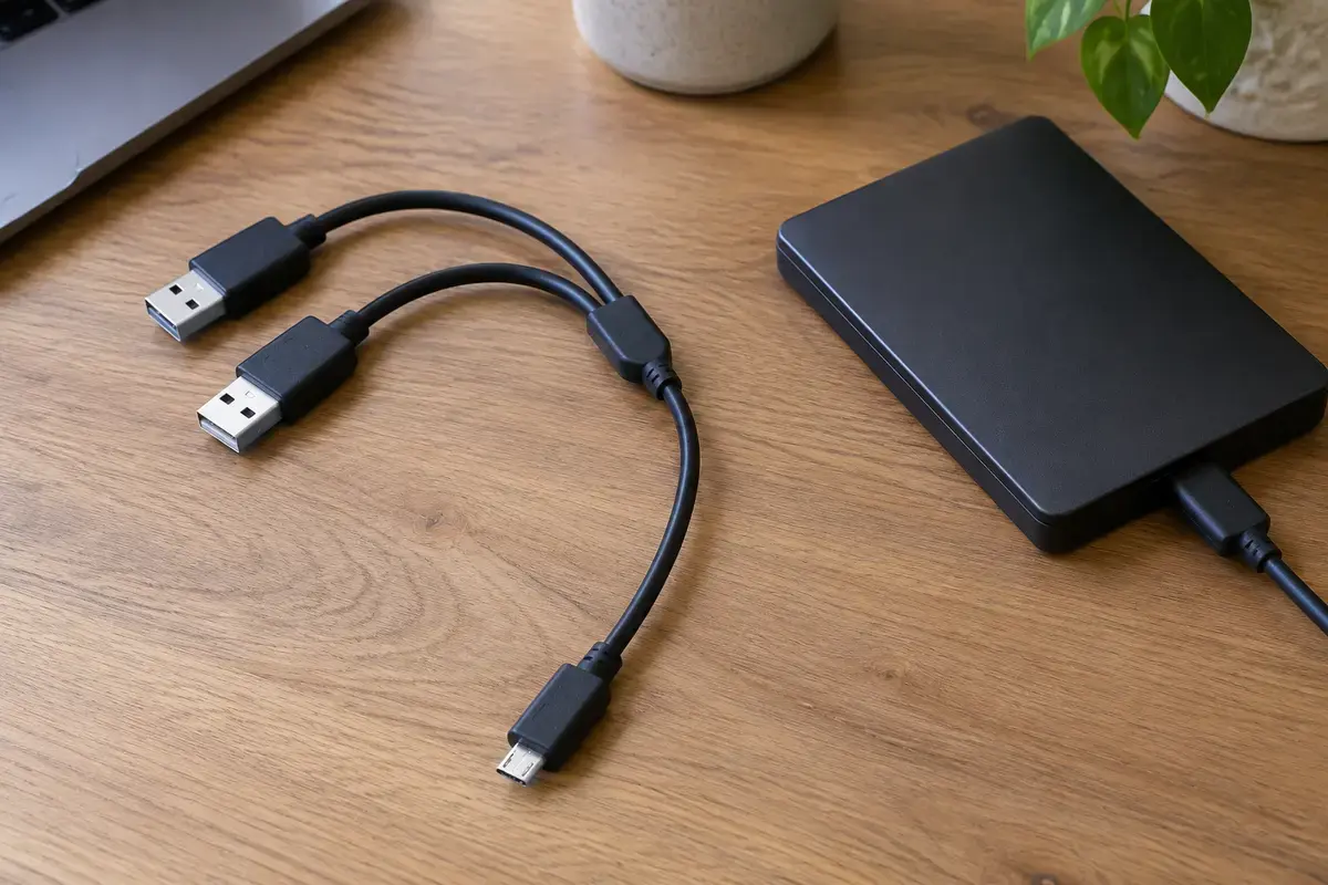 Y-образный кабель с двумя штекерами USB-A и одним микро-штекером лежит на деревянном столе рядом с внешним диском и ноутбуком