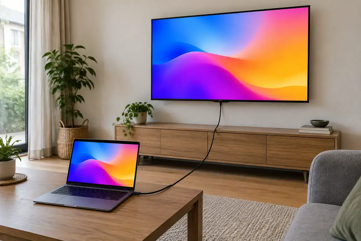 Ноутбук на журнальном столике соединён кабелем HDMI с большим телевизором на стене, на экране телевизора цветная картинка