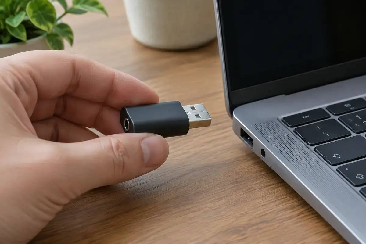 Рука держит небольшой USB-адаптер с гнездом для наушников у порта ноутбука, мелкий план