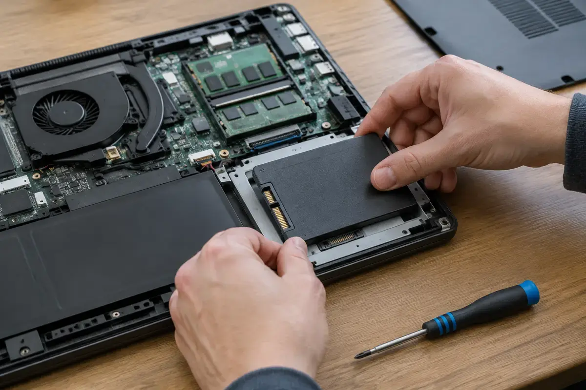 Руки мастера устанавливают SATA SSD в отсек накопителя ноутбука со снятой нижней крышкой, рядом отвёртка