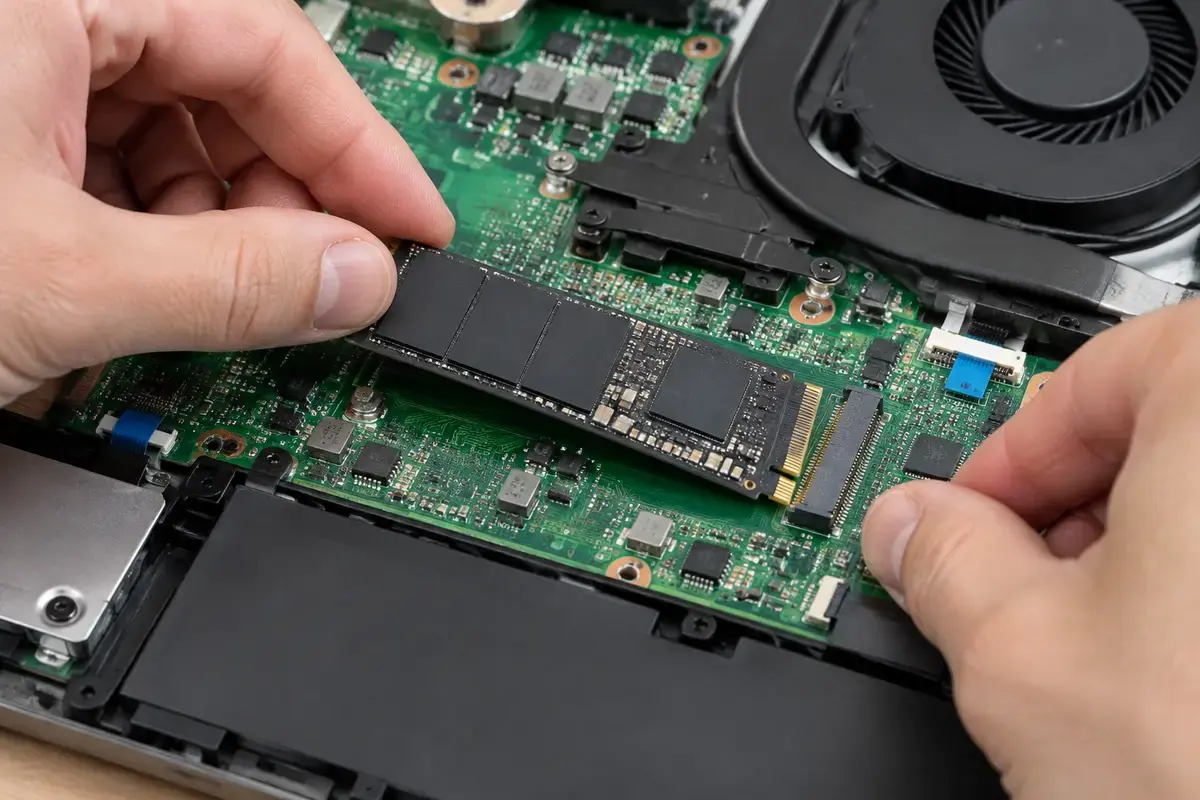 Руки мастера вставляют M.2 SSD в слот на открытой материнской плате ноутбука рядом с вентилятором