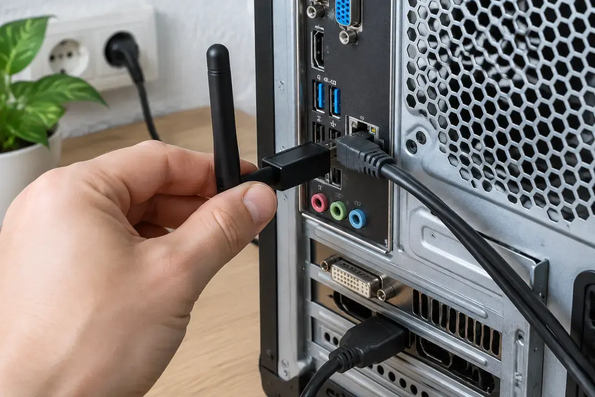 Рука вставляет маленький чёрный USB-адаптер с антенной в порт на задней панели настольного компьютера, рядом сетевой кабель и аудиоразъёмы