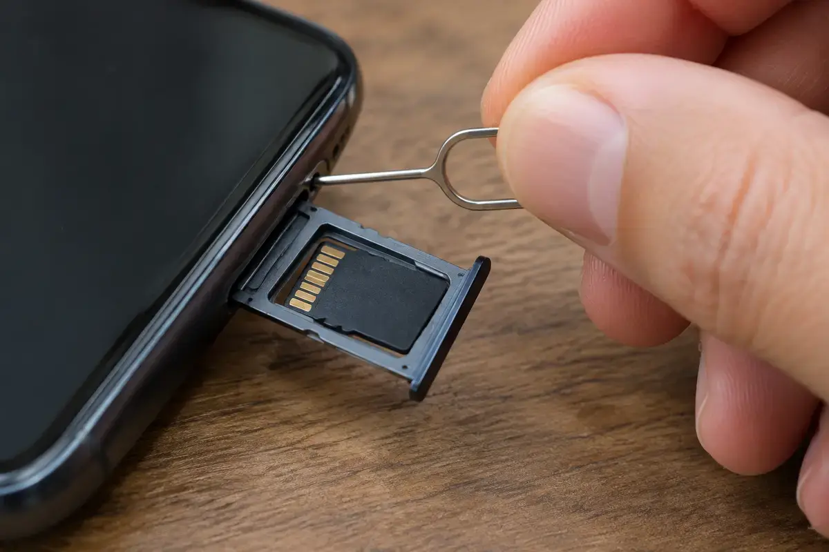 Рука булавкой для лотка вынимает из смартфона лоток с картой microSD, макроснимок торца телефона