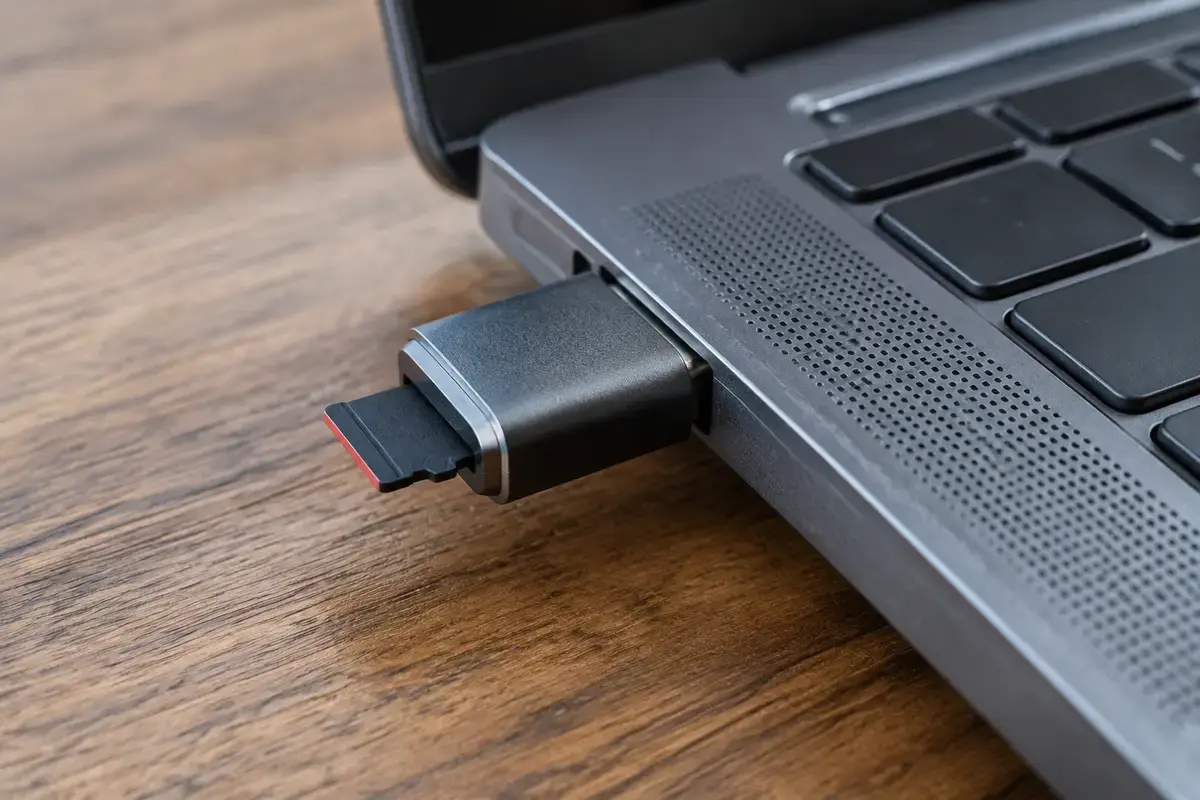 Маленький картридер с вставленной картой microSD подключён к порту USB на боковой грани ноутбука