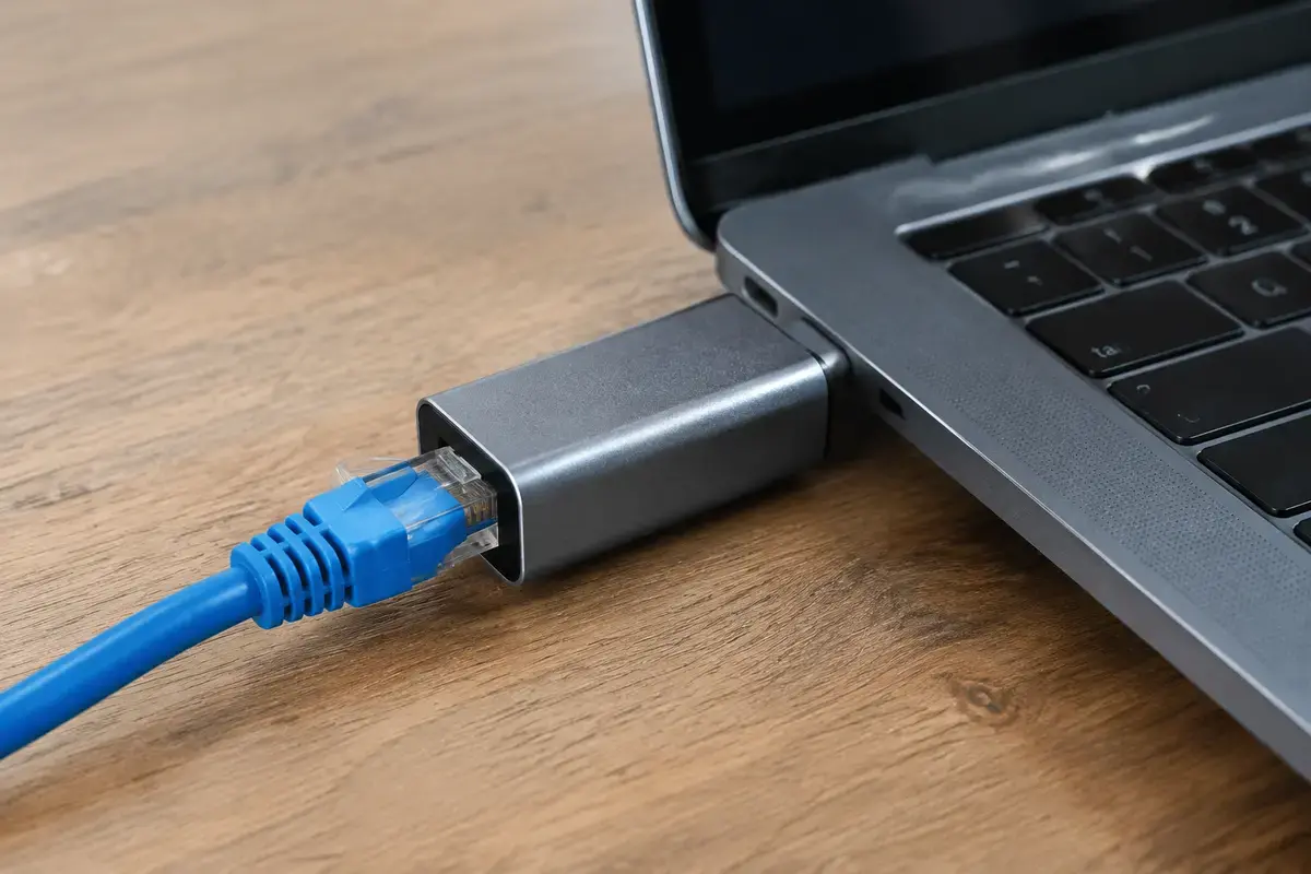 Крупный план адаптера USB-C с разъёмом Ethernet, в него вставлен синий сетевой кабель, адаптер подключён к боку ноутбука