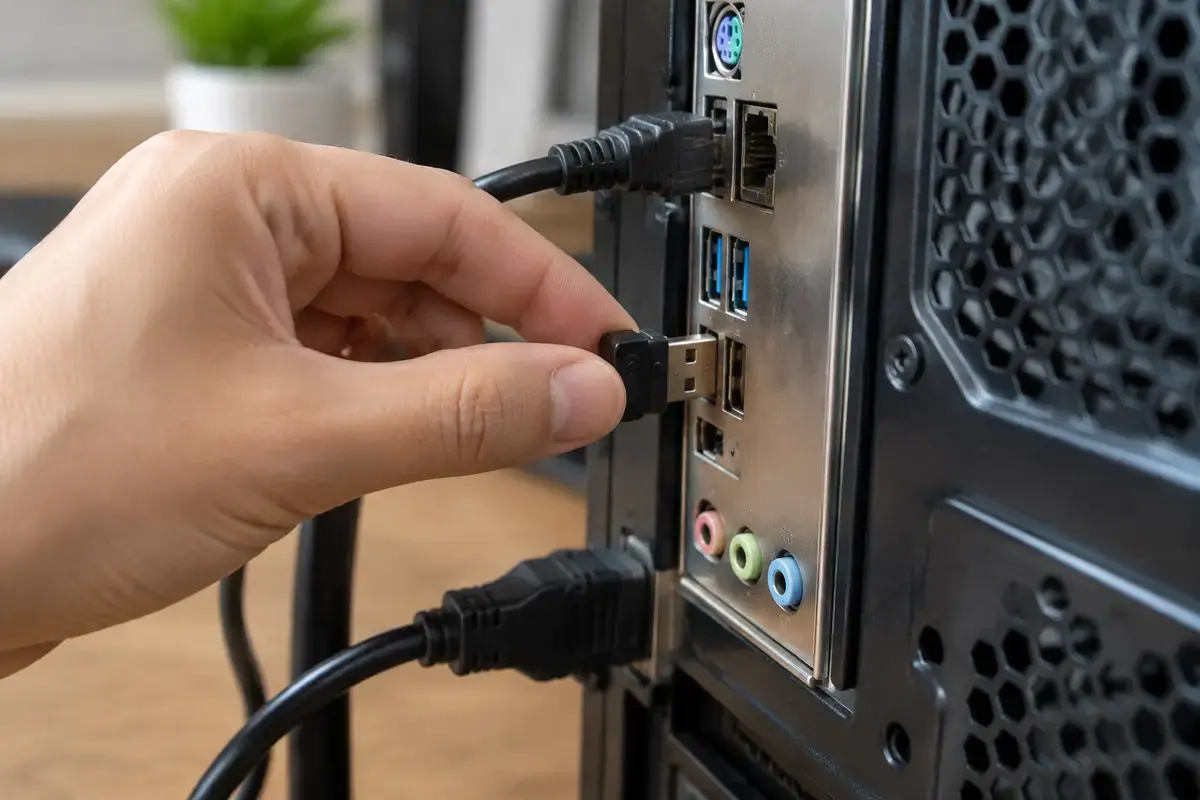 Рука вставляет маленький USB-приёмник от беспроводного геймпада в порт на задней панели системного блока