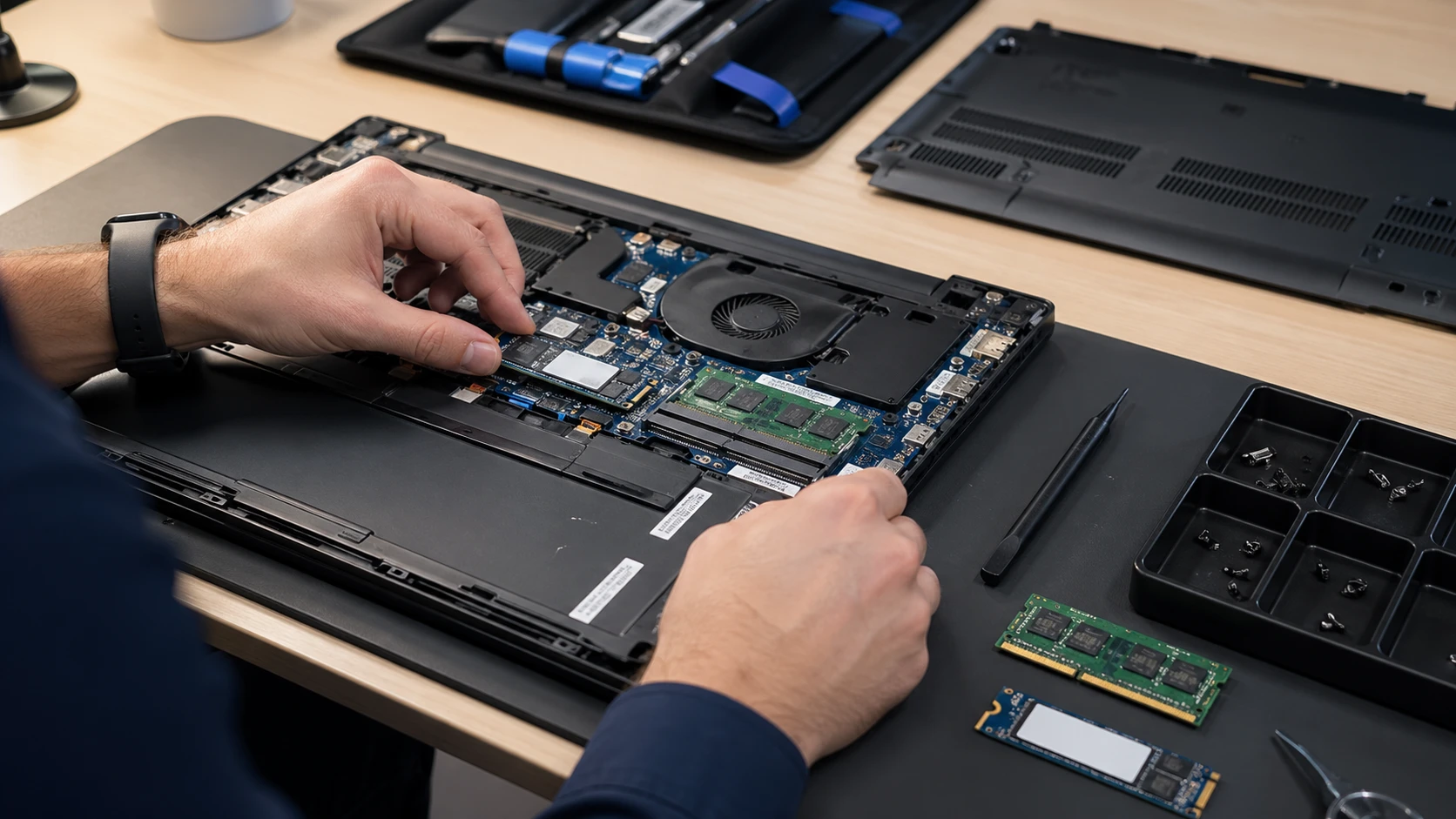 Открытый ноутбук с M.2 SSD и оперативной памятью перед апгрейдом